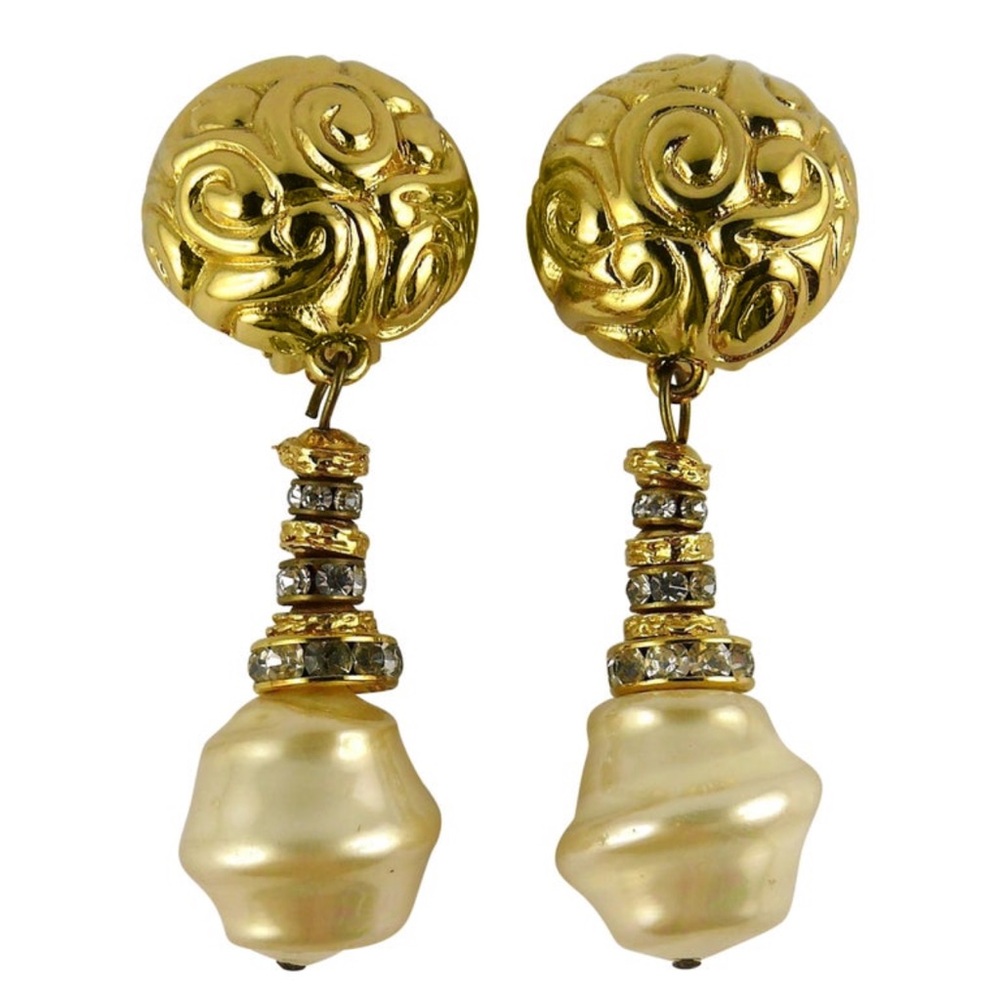 YSL Gold Filigree Drop Earrings with Cream Pearl-Style Drops Clipons